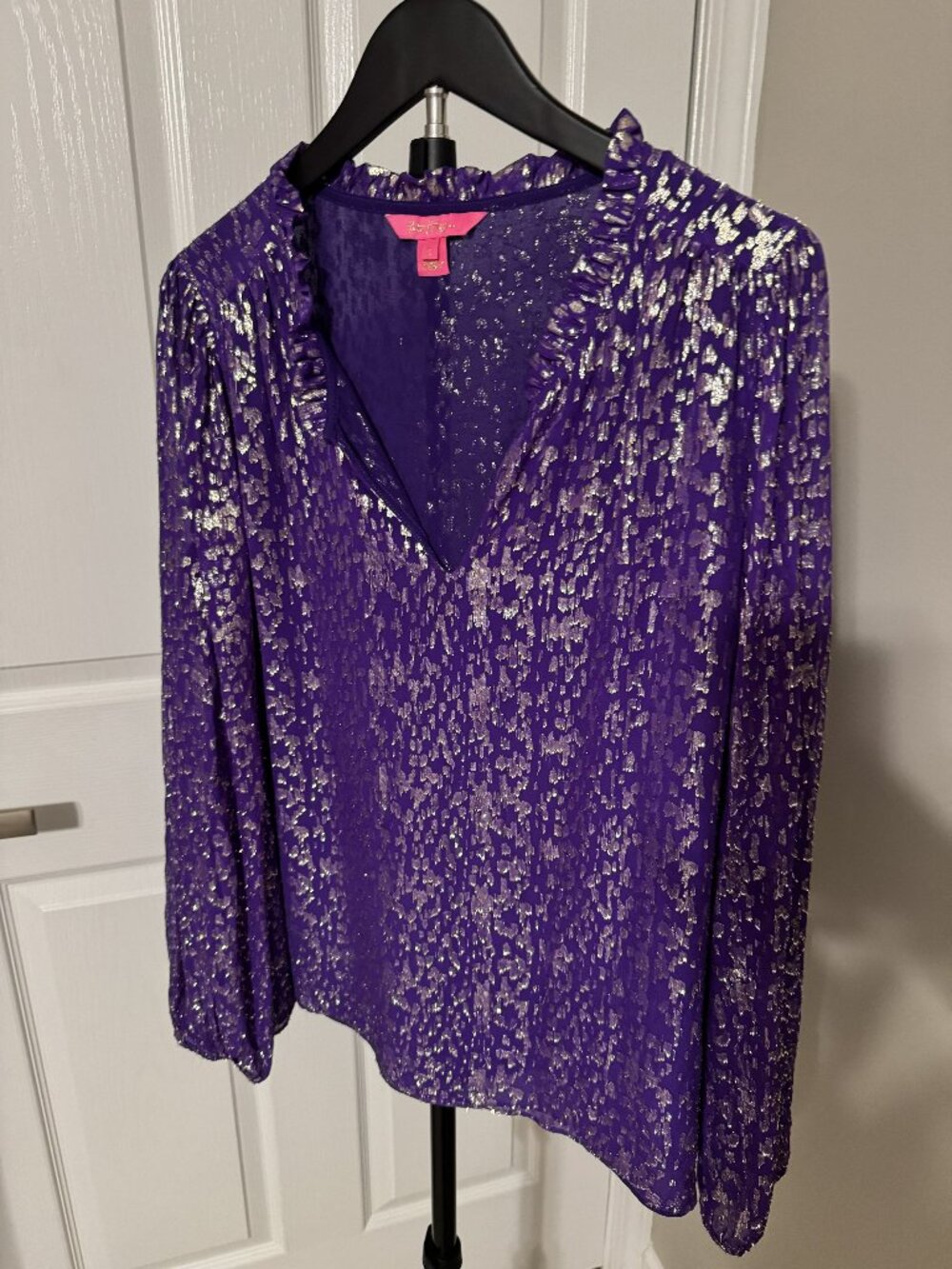 Lilly Pulitzer Giana Silk Top Concord Purple Wildside Metallic Clip